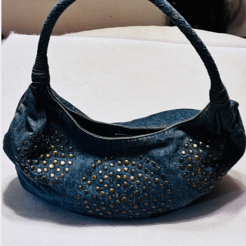 Fiorucci Hobo Bag Denim Blue Top Handle Studded  Zip Around - Picture 4 of 7